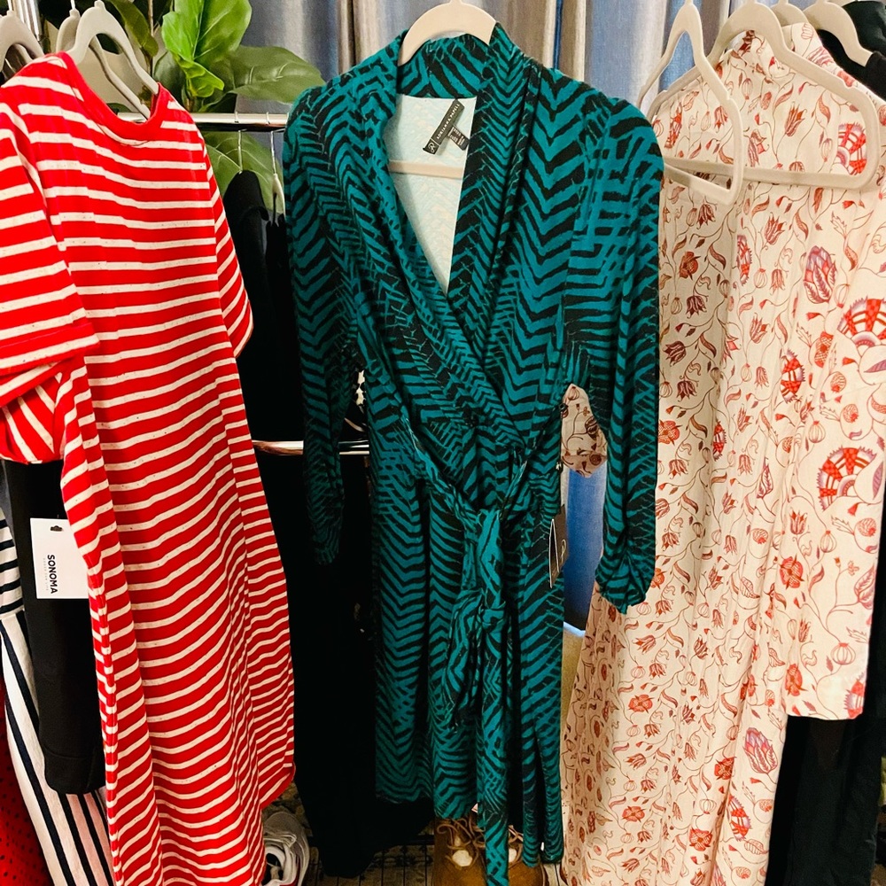 Faux wrap dress, long tie, long sleeve, medium weight.